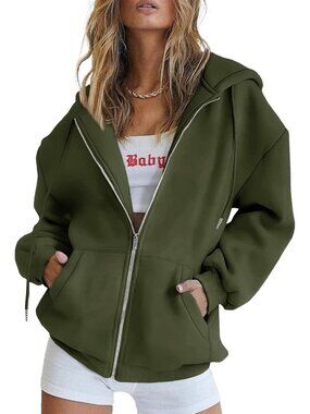 Women's Army Green Long Sleeve Pockets Zip Up Hoodies Sweatshirts Track Jackets
